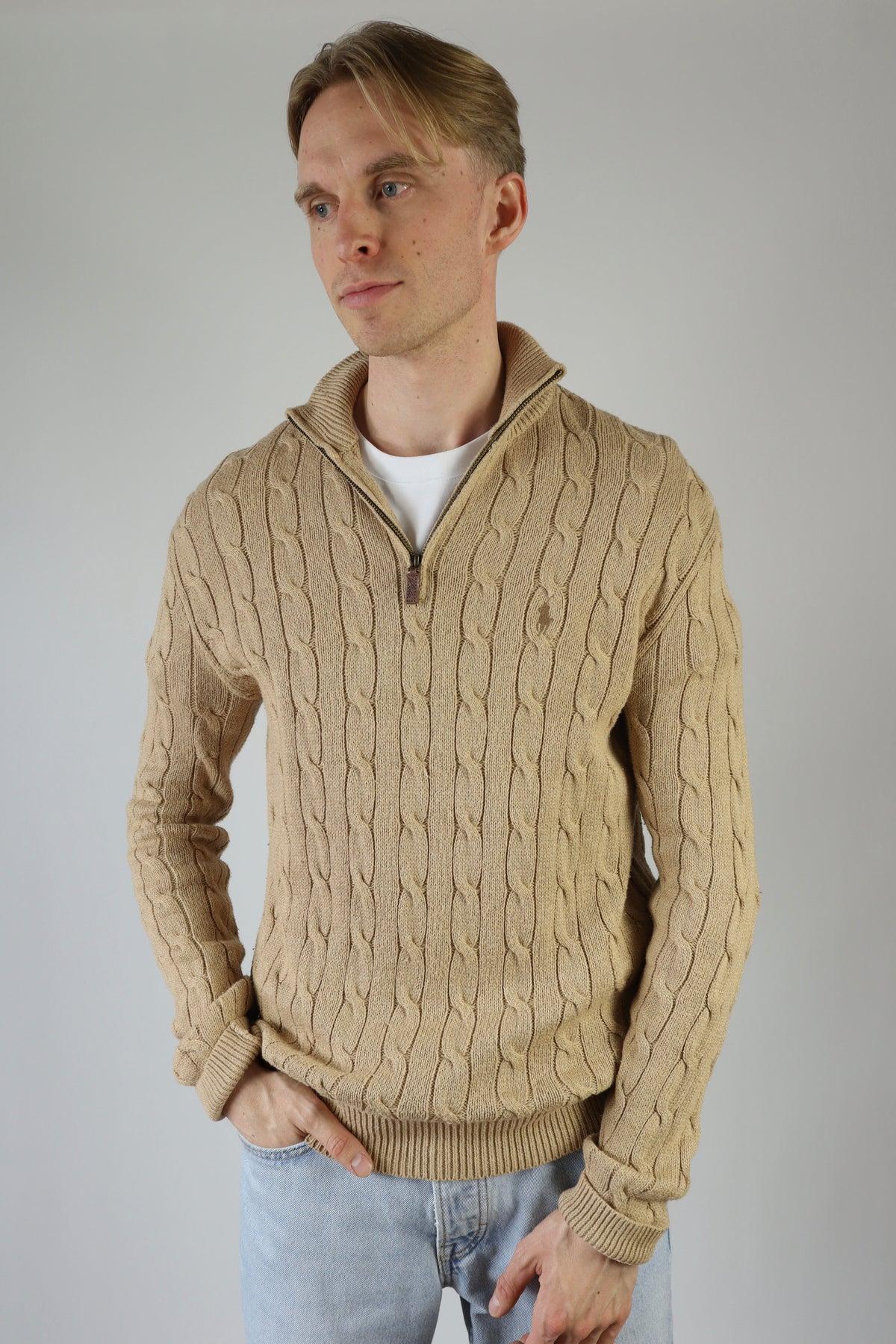 Ralph Lauren kabeltrui met kwart rits - M