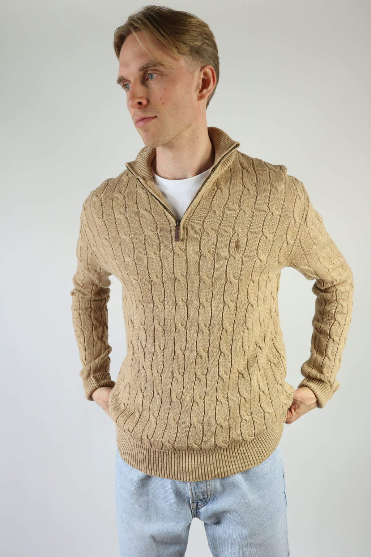 Ralph Lauren kabeltrui met kwart rits - M