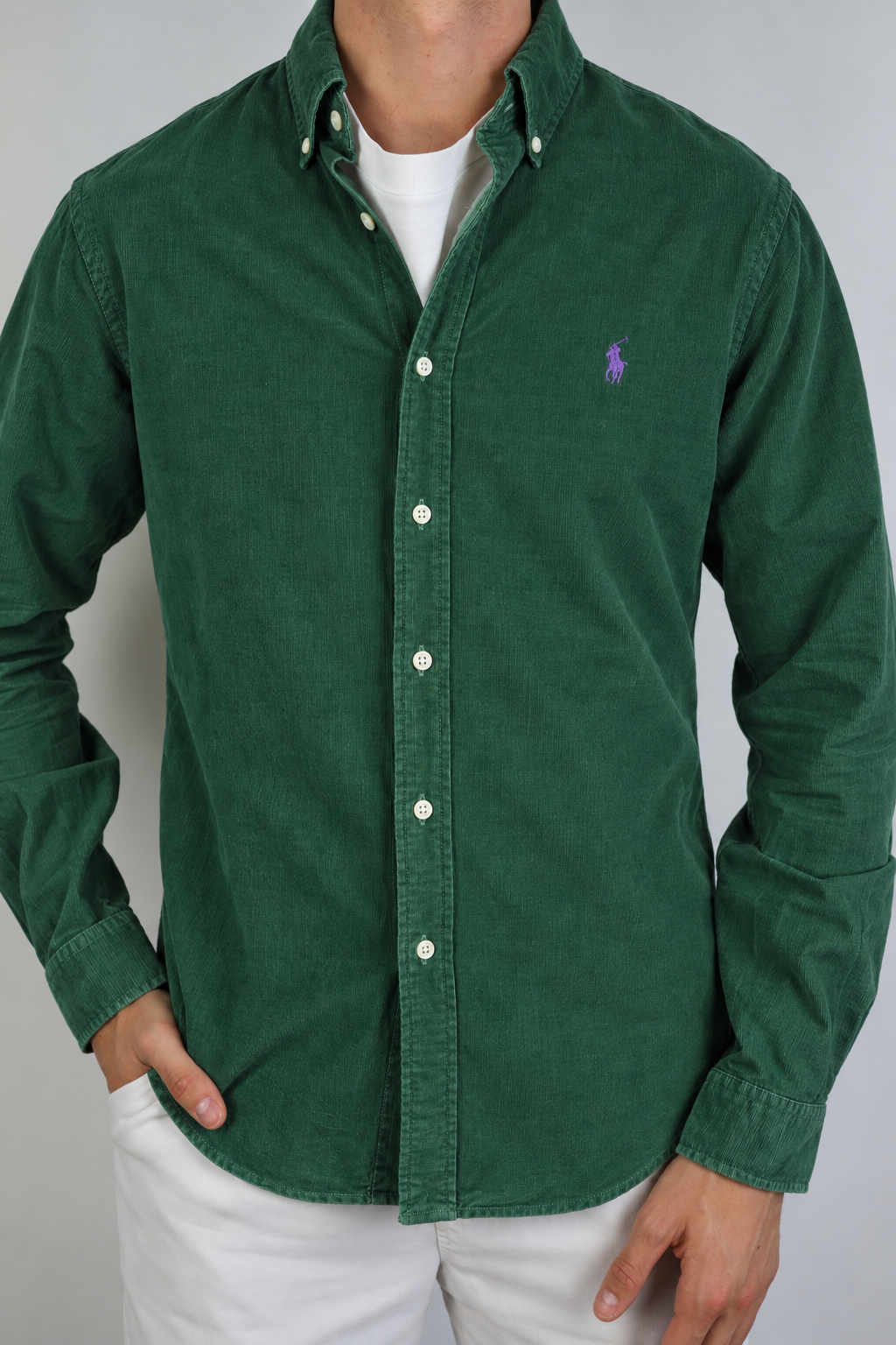 Ralph Lauren donkergroen corduroy overhemd maat M op model