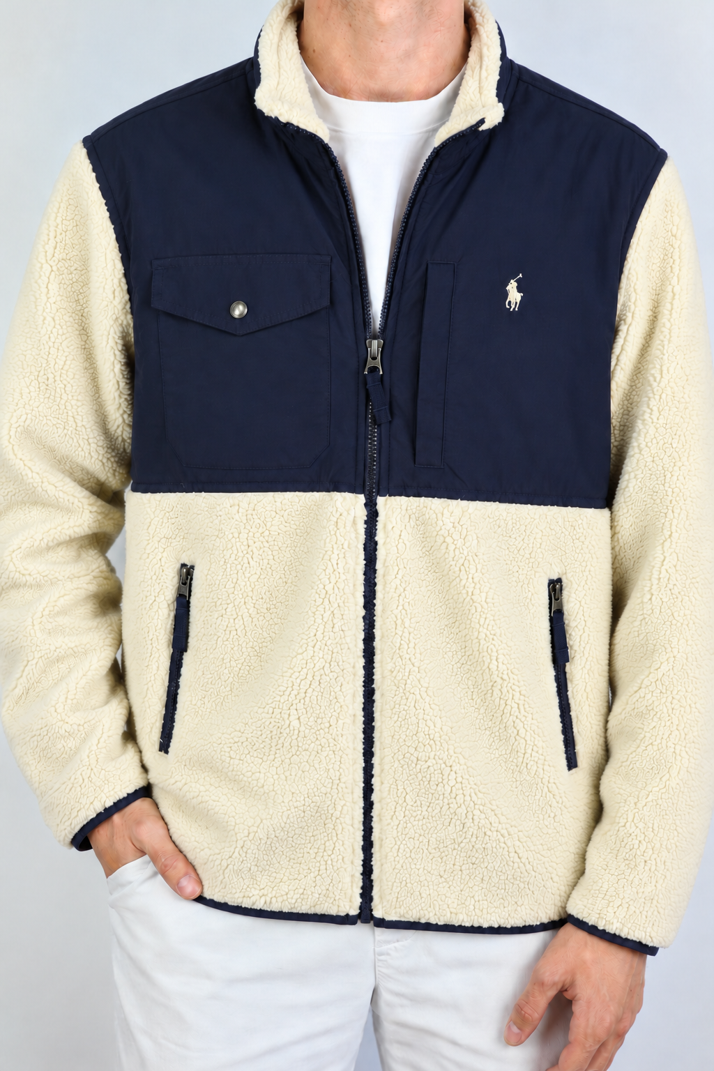Ralph Lauren teddyjas marineblauw en crème maat L op model