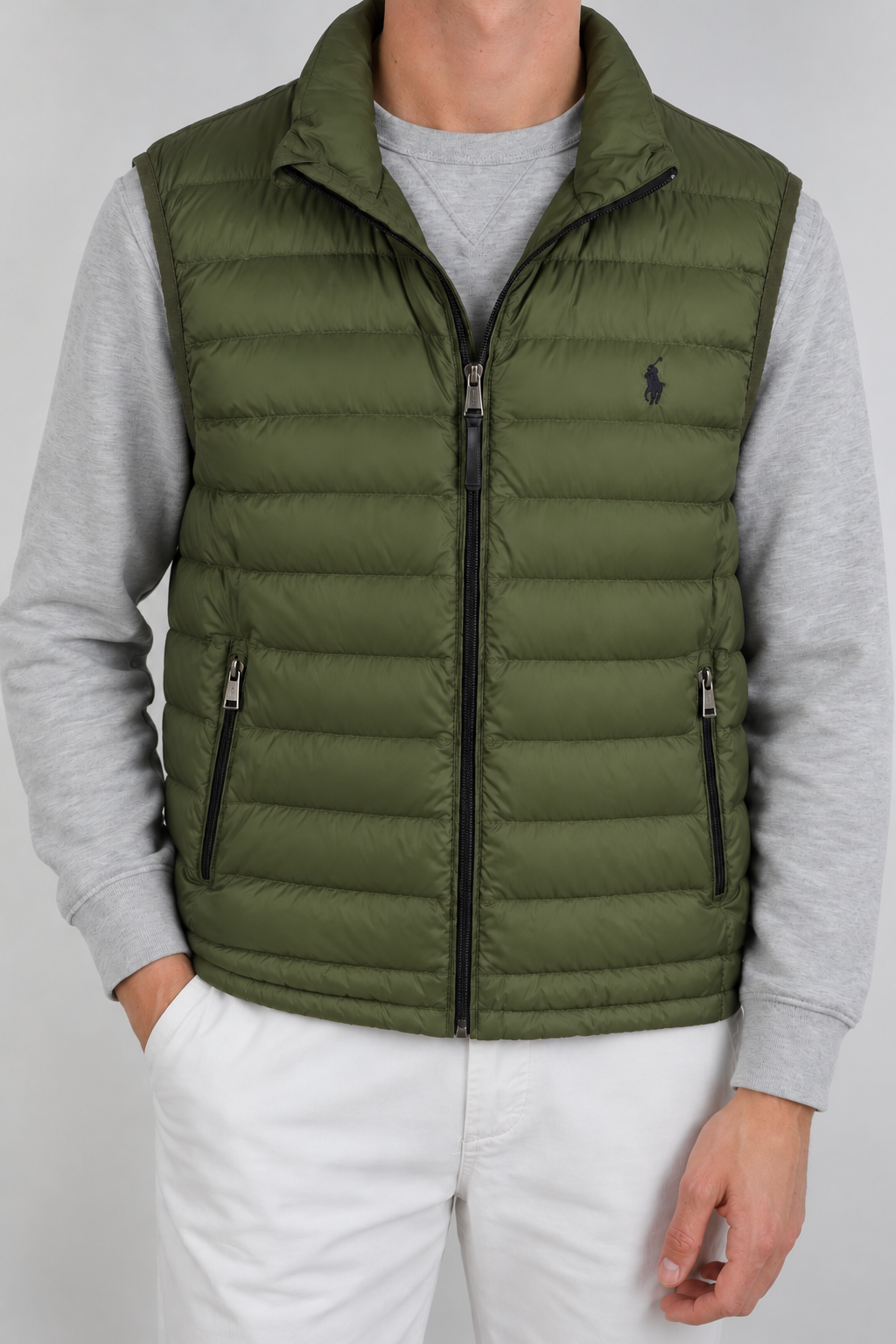 Ralph Lauren donkergroene bodywarmer M – modelfoto rits deels dicht