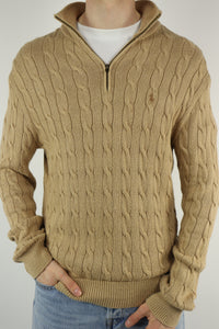 Ralph Lauren kabeltrui met kwart rits - M