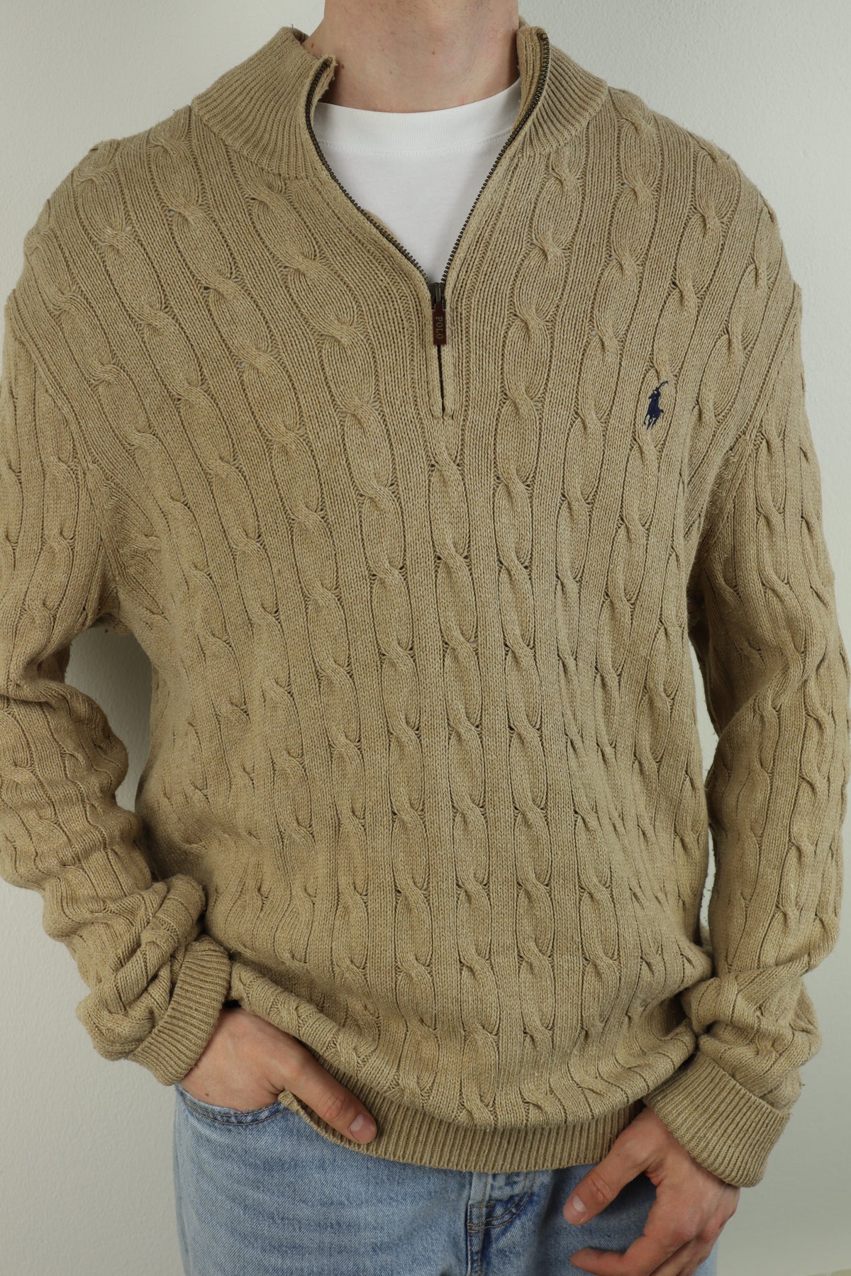 Ralph Lauren kabeltrui met kwart rits - XL