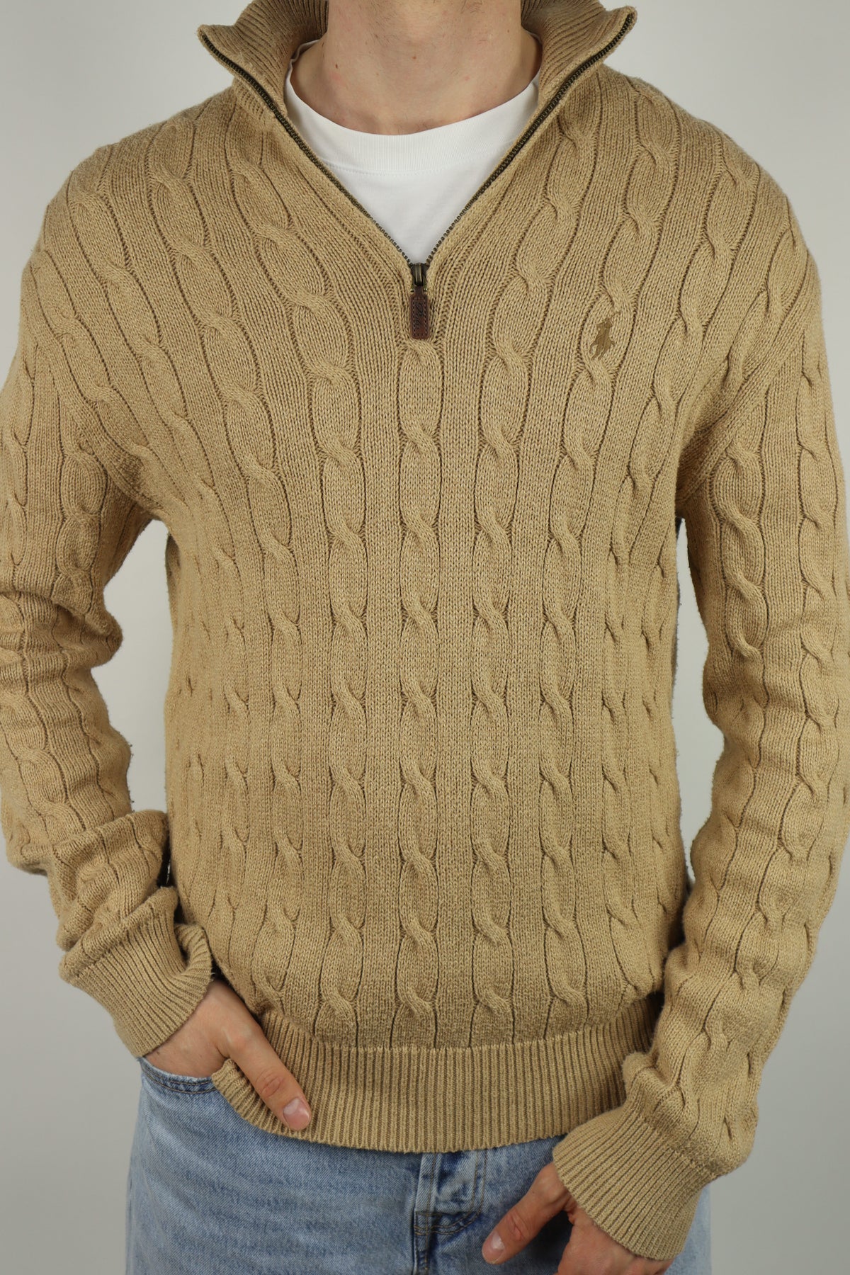Ralph Lauren kabeltrui met kwart rits - M
