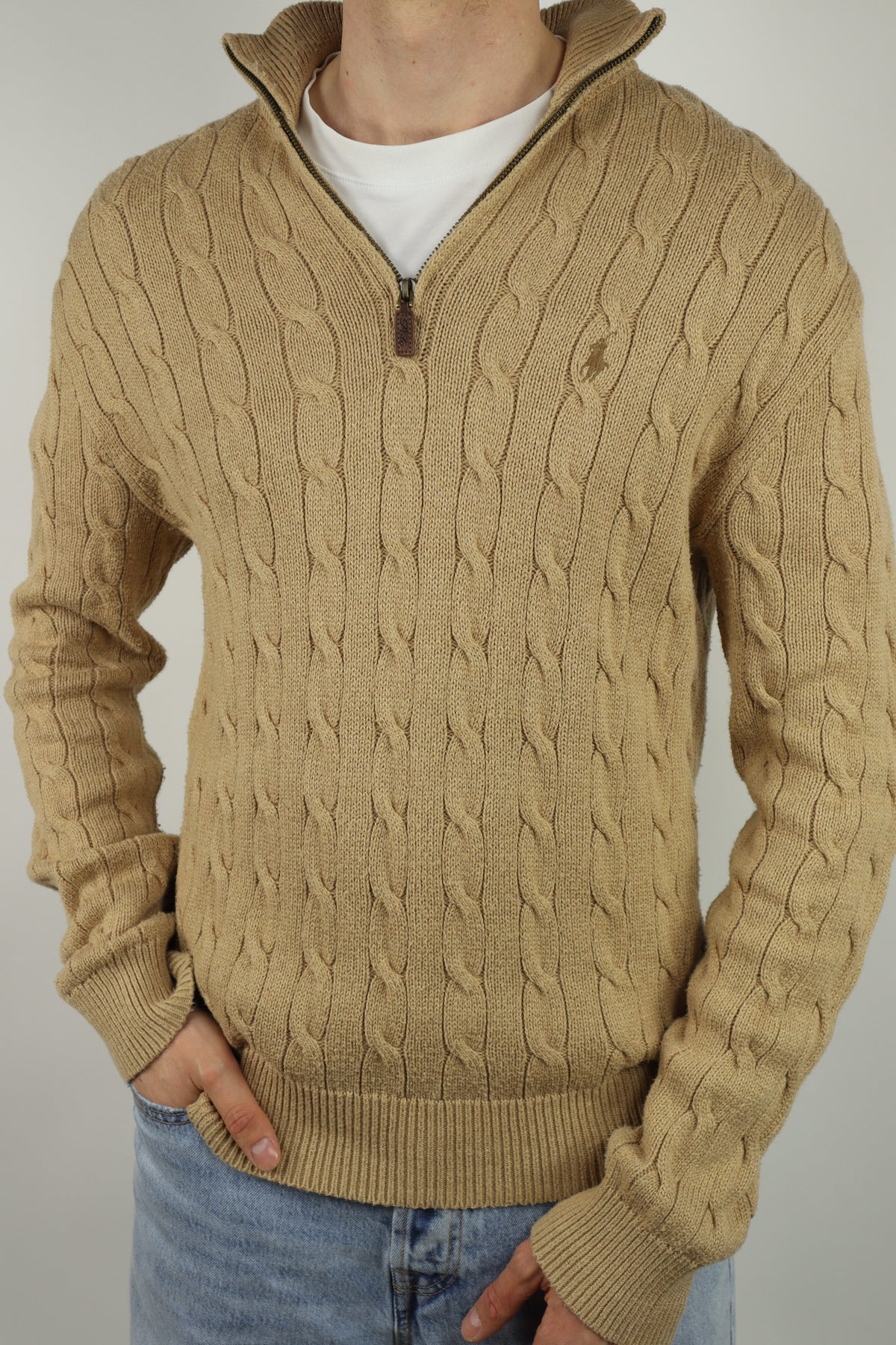 Ralph Lauren kabeltrui met kwart rits - M