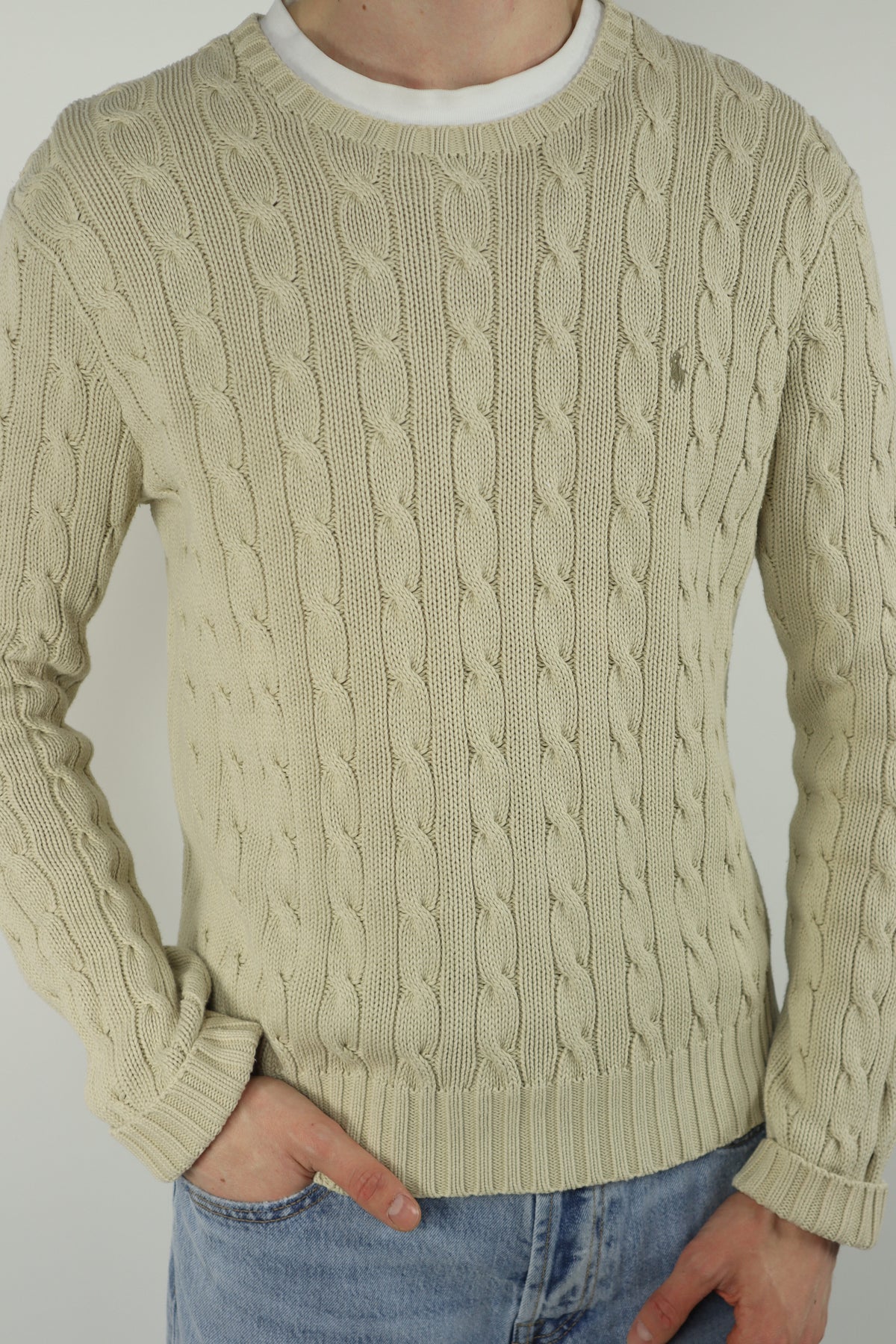 Ralph Lauren kabeltrui met ronde hals - S