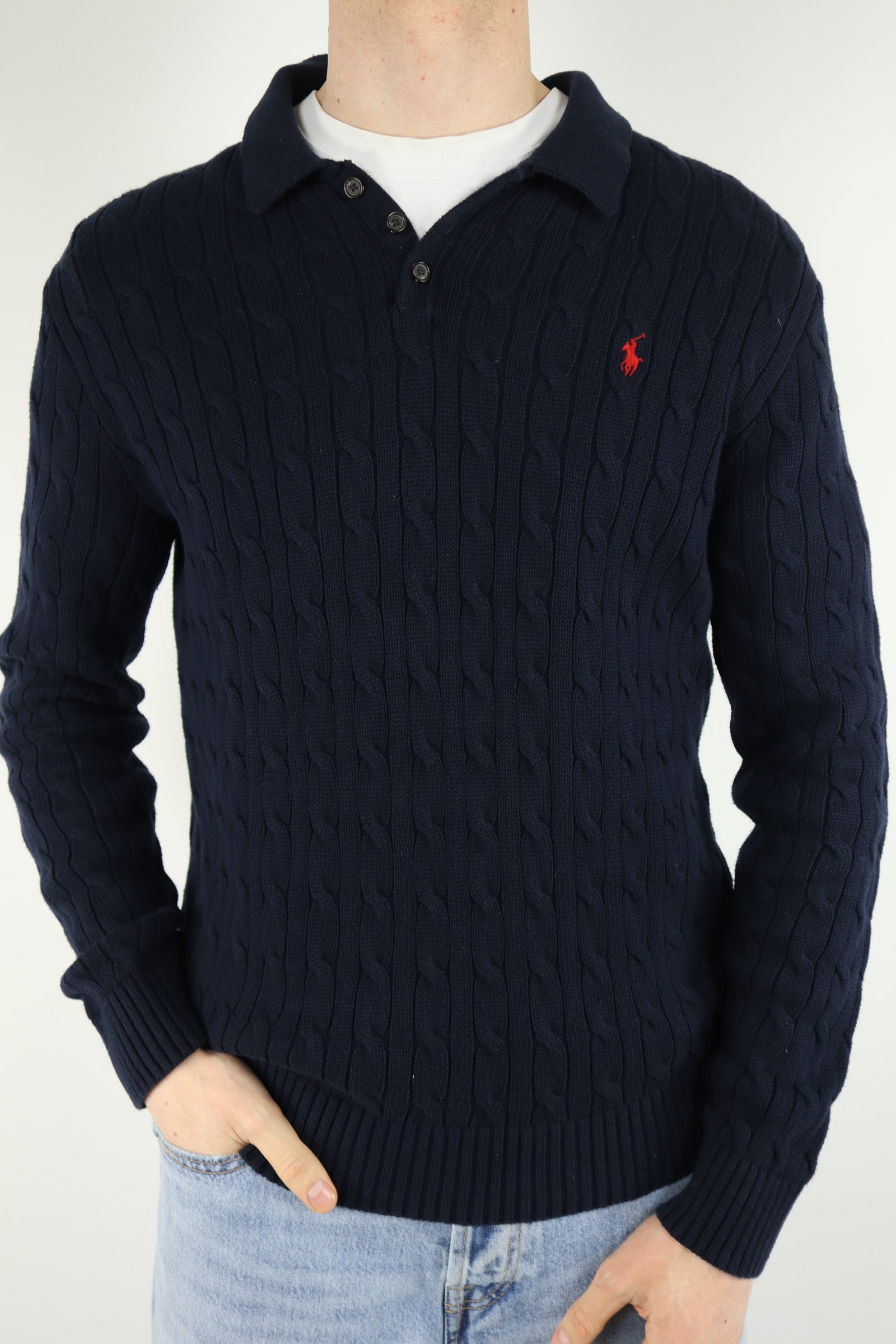 Ralph Lauren kabeltrui met knoopsluiting - M