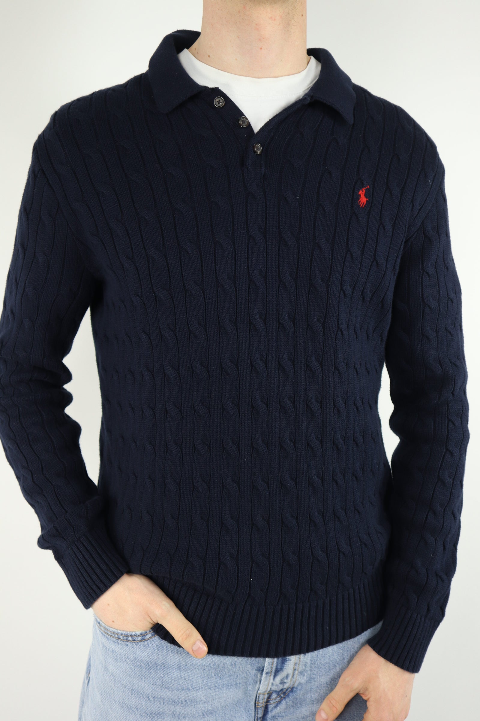 Ralph Lauren kabeltrui met knoopsluiting - M