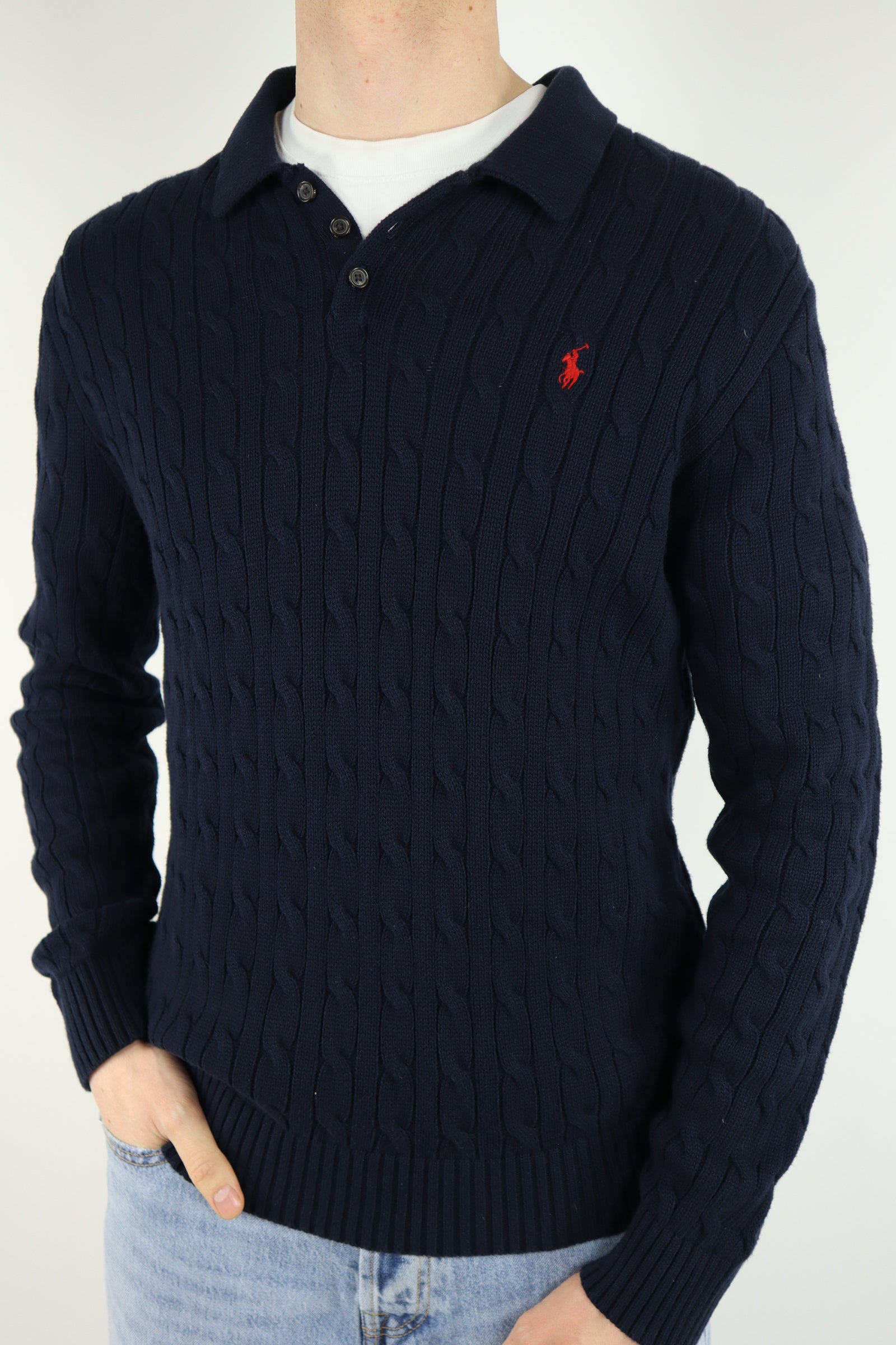 Ralph Lauren kabeltrui met knoopsluiting - M