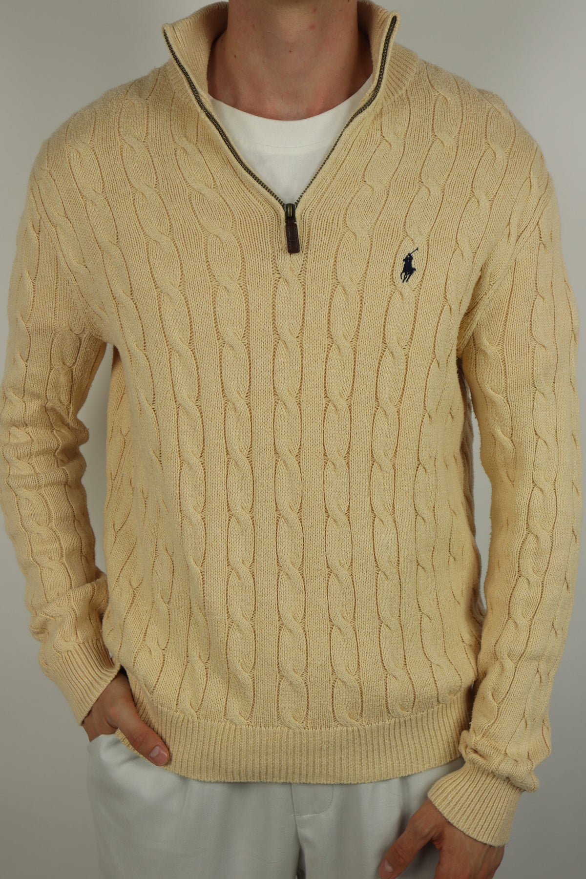 Ralph Lauren kabeltrui met kwart rits - M