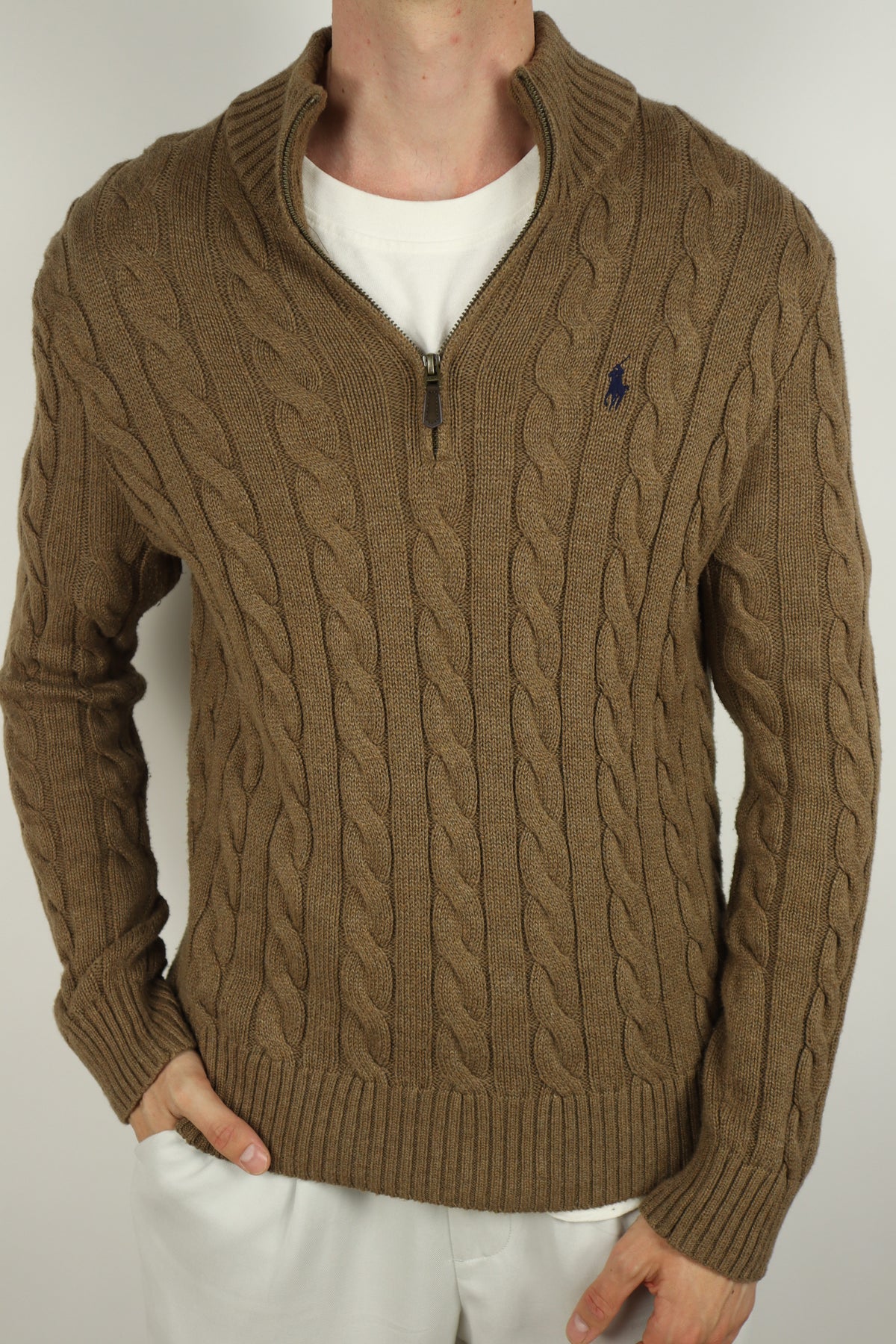 Ralph Lauren kabeltrui met kwart rits - M