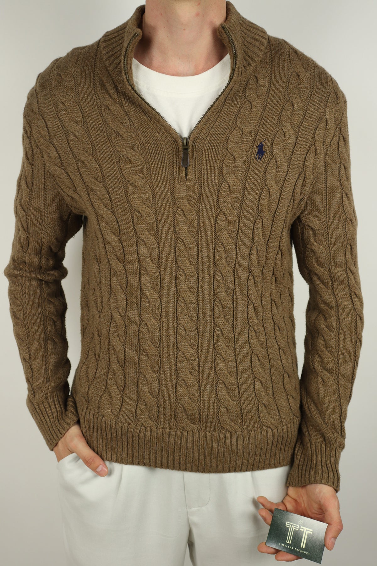 Ralph Lauren kabeltrui met kwart rits - M
