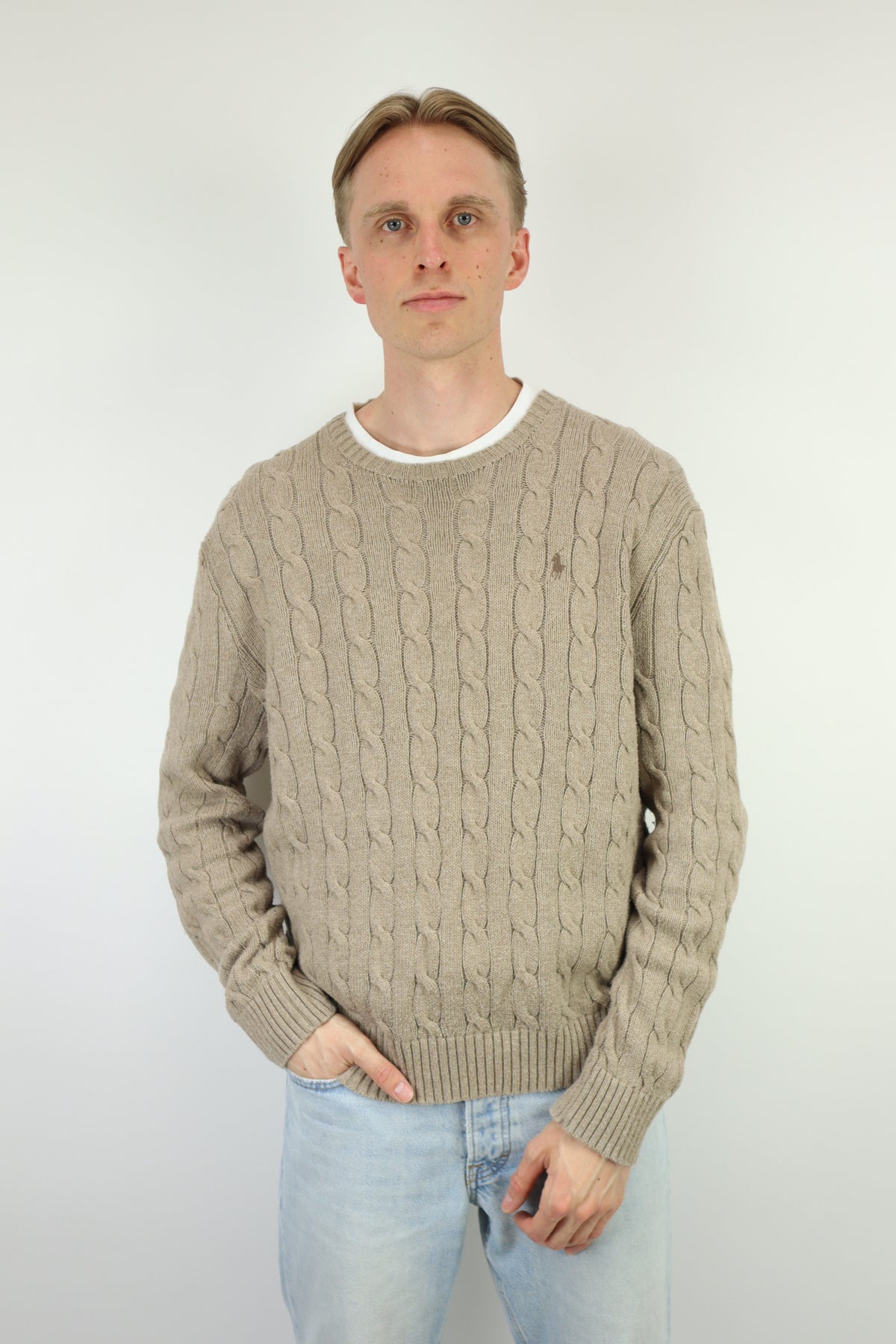 Ralph Lauren kabeltrui met ronde hals - L