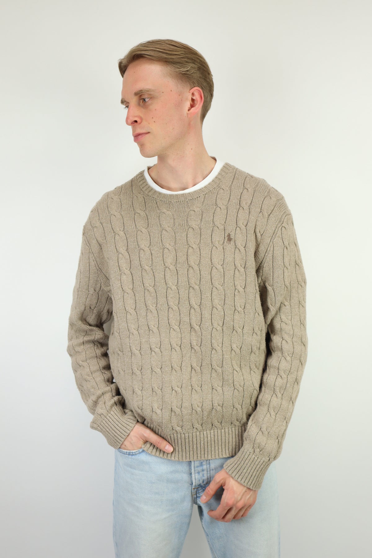 Ralph Lauren kabeltrui met ronde hals - L