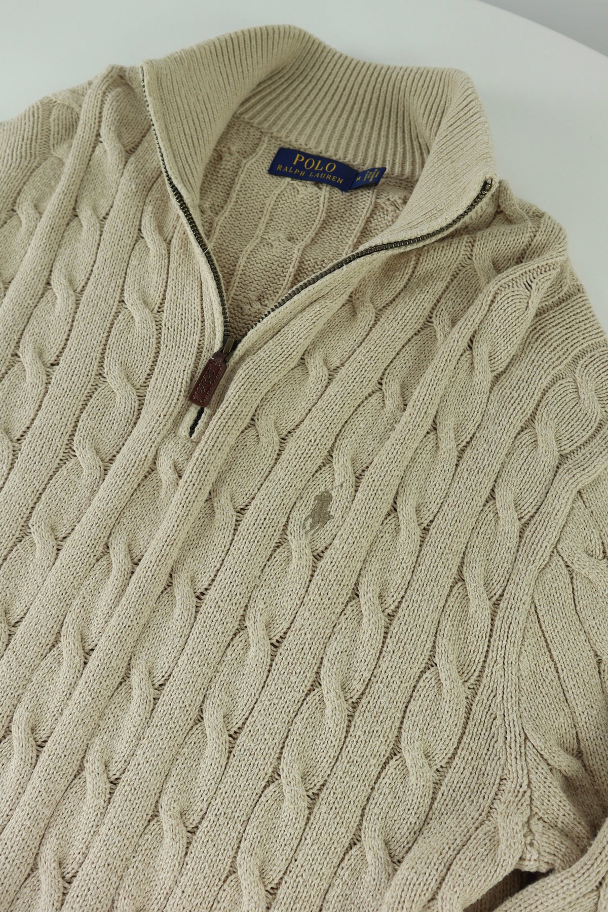 Ralph Lauren kabeltrui met kwart rits - M