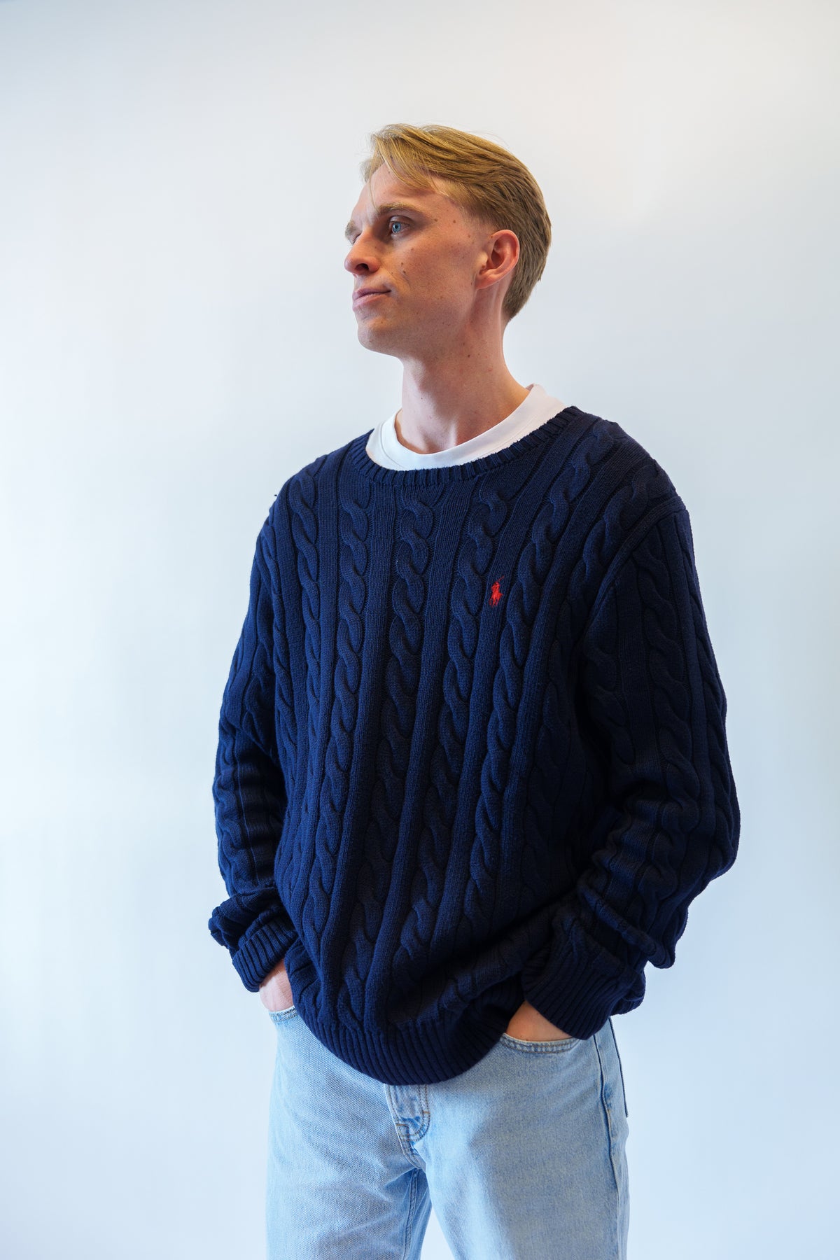 Ralph Lauren kabeltrui met ronde hals - L