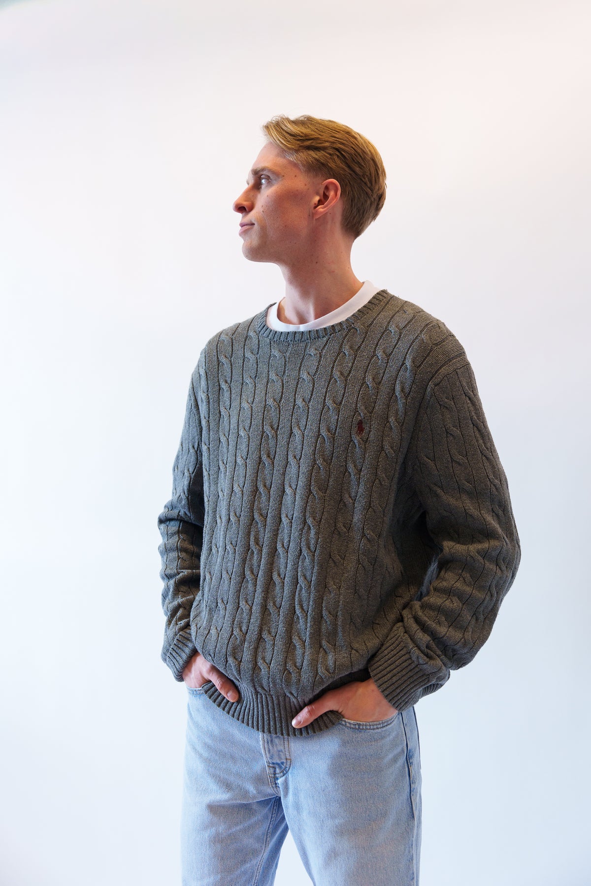 Ralph Lauren kabeltrui met ronde hals - L