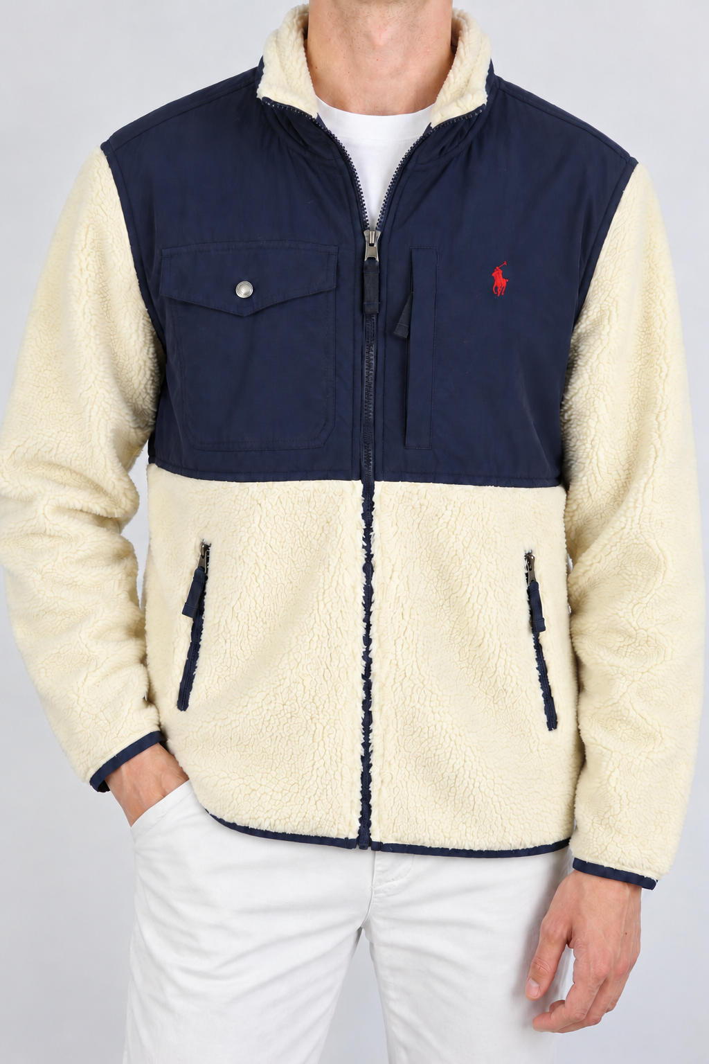 Ralph Lauren teddy jas crème marineblauw maat M – modelfoto
