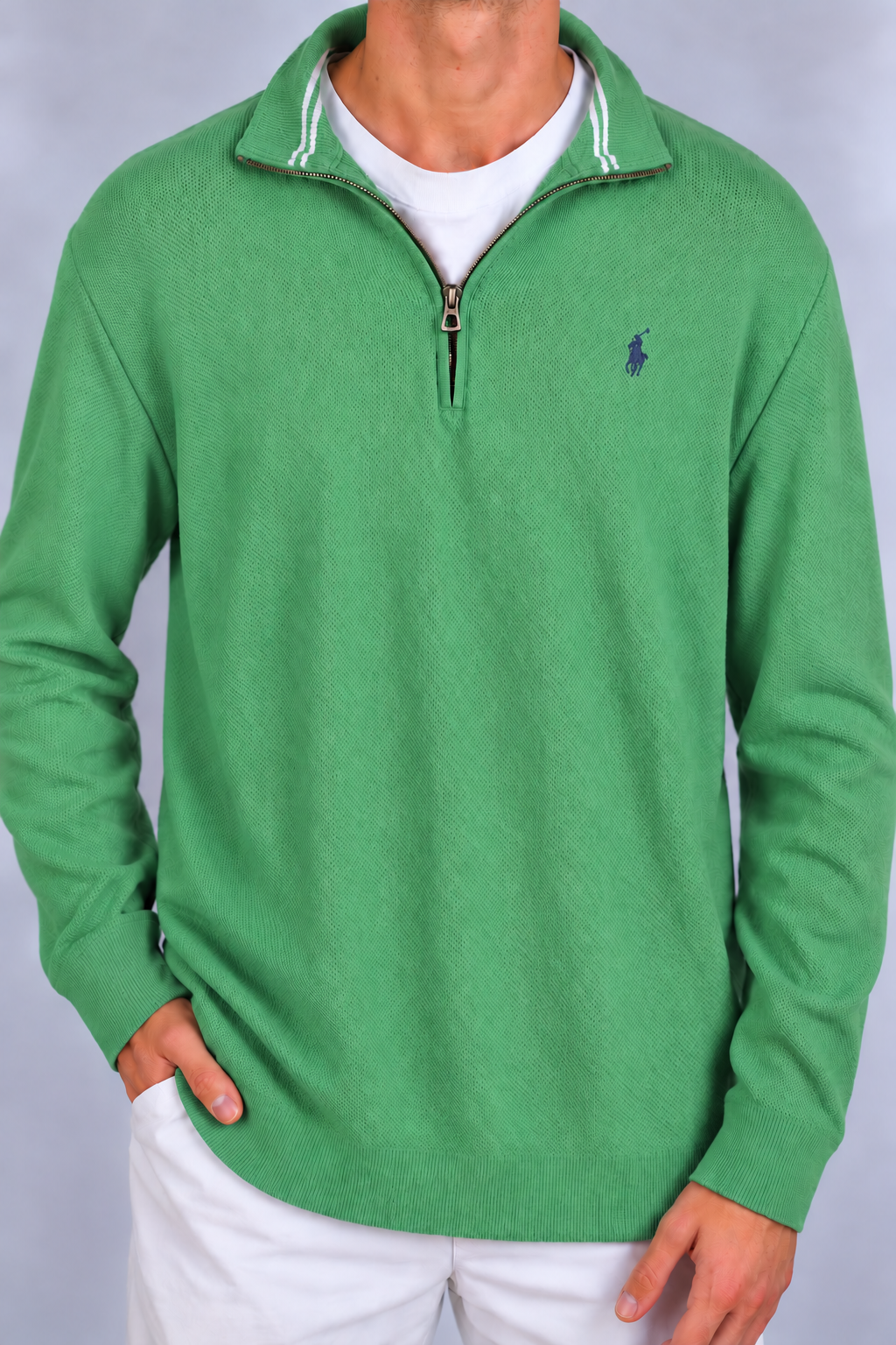 Ralph Lauren groene Pima quarter zip XL – AI-modelfoto